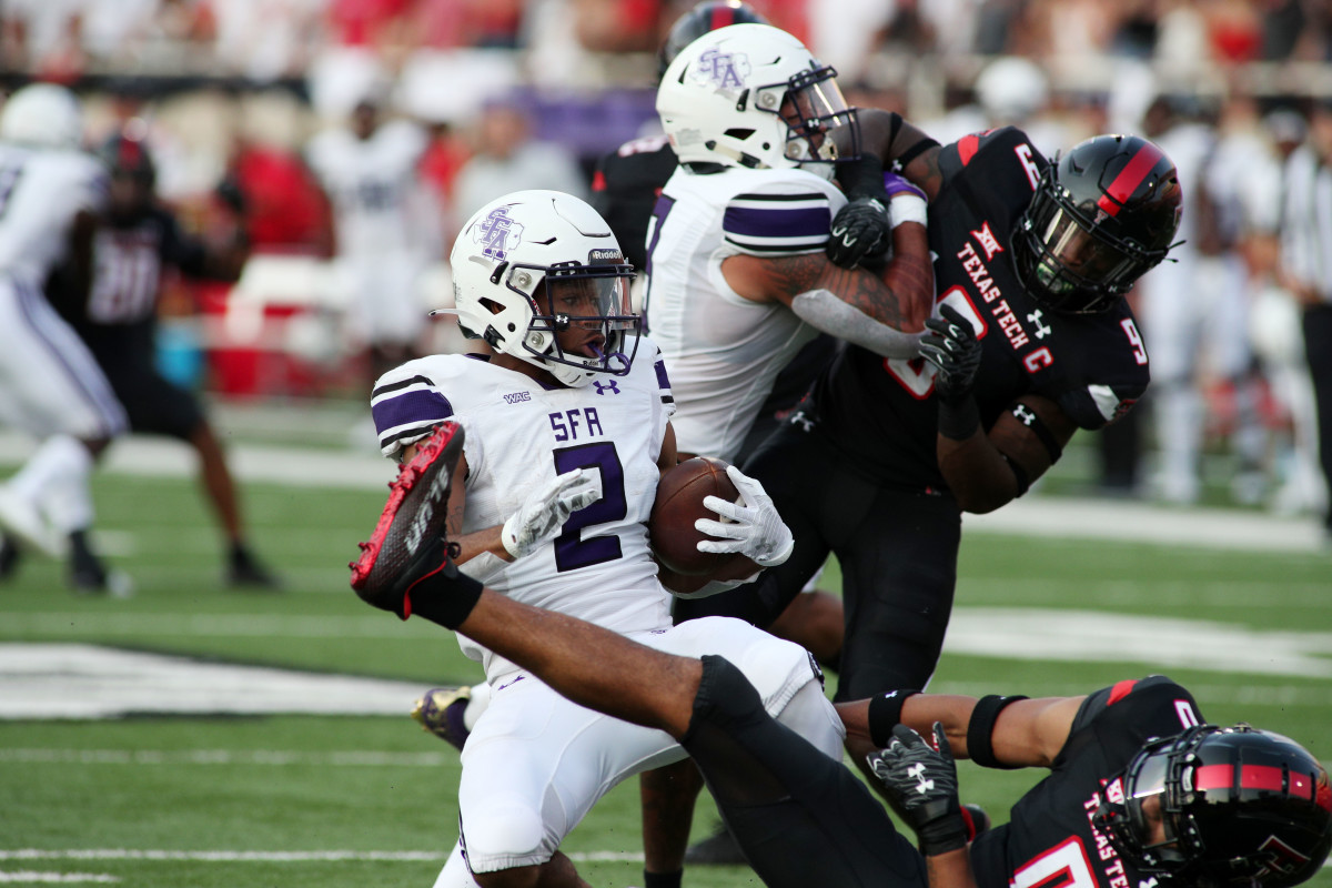 SFA WR Xavier Gipson (2) in a 2021 game at Texas Tech